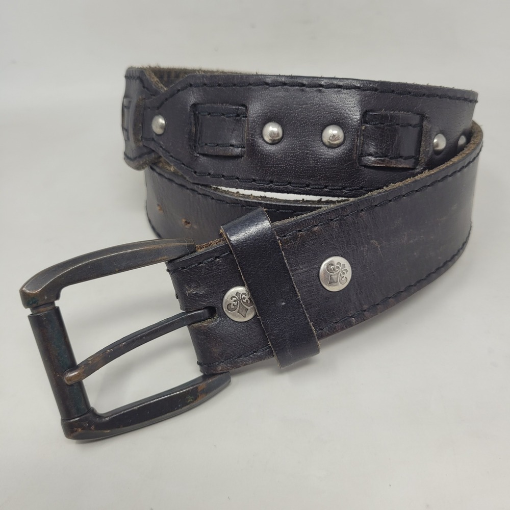 Affliction Belt XL Black Leather Studded Fleur De Lis Moto Rocker Biker Grunge